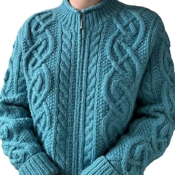 Vintage Womens Teal Blue 100% Wool Chunky Fisherman Celtic Cardigan Sz L - Picture 4 of 6